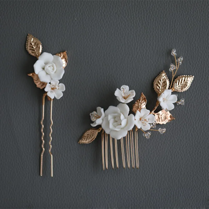 Wedding Hair Comb Pins Ceramic Flower Bridal Piece Gold Color Delicate Women Headpiece Accessories