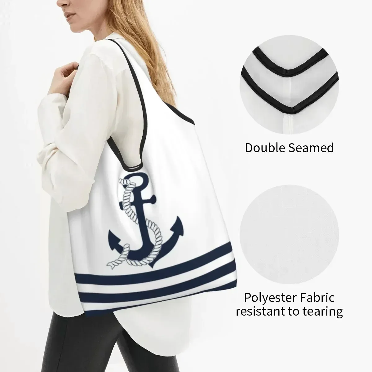 Printed Nautical Blue Anchors With  And White Stripes Tote Shopping Bag Portable Shoulder Shopper Sailing Sailor Handbag