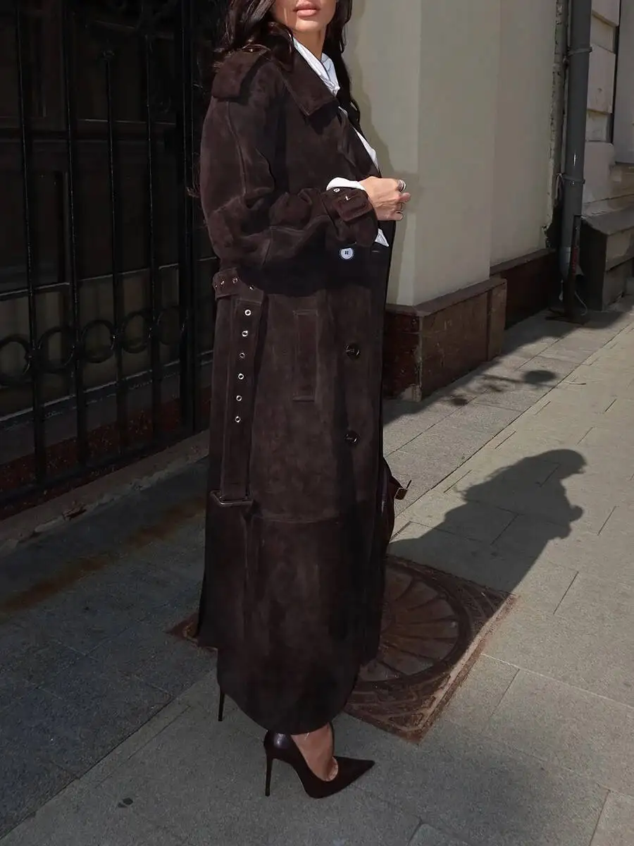 KWTX 2025 سترة واقية كلاسيكية بلون القهوة للنساء مع طية صدر السترة وأكمام طويلة معطف بمزاجية وأربطة ملابس نسائية جديدة