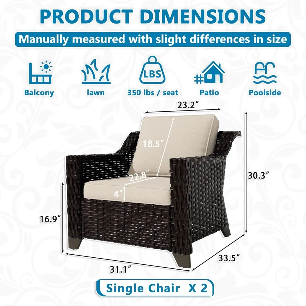 كرسي بذراعين خارجي مكون من قطعتين، مجموعة أثاث محادثات الفناء، وسادة قابلة للغسل، راتان PE فاخر منسوج يدويًا