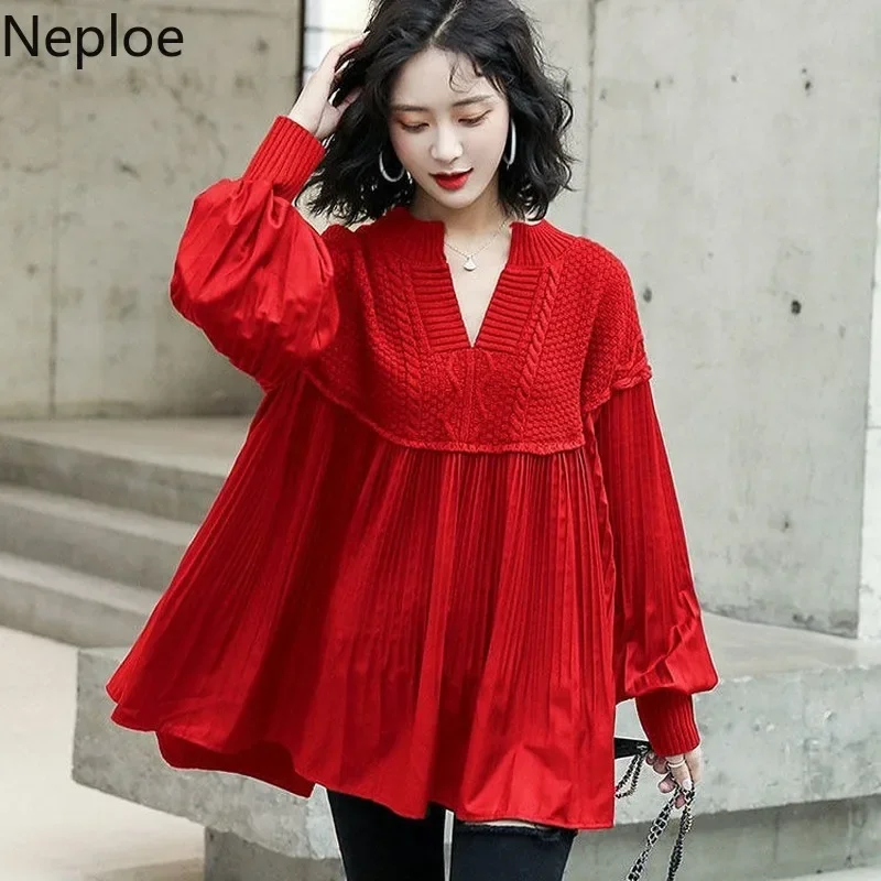 Sweter damski Neploe Fashion w koreańskim stylu oversize topy rękaw lampionowy plisowane swetry Patchwork V Neck eleganckie swetry ubrania