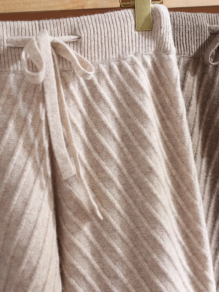 TLOML Autumn Winter Women's 100% Merino Wool Slant Orchid Wide Leg Pants Cable Knit Thick Soft Warm Cashmere Casual Comfy Pants