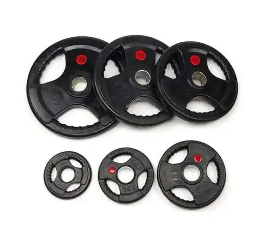 

Custom Logo 5KG 10KG 15KG 20KG 25KG Weight Plates Color Rubber Coated Barbell Plate Discs Cast Iron Three Grip Weight Plate