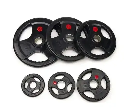 Custom Logo 5KG 10KG 15KG 20KG 25KG Weight Plates Color Rubber Coated Barbell Plate Discs Cast Iron Three Grip Weight Plate