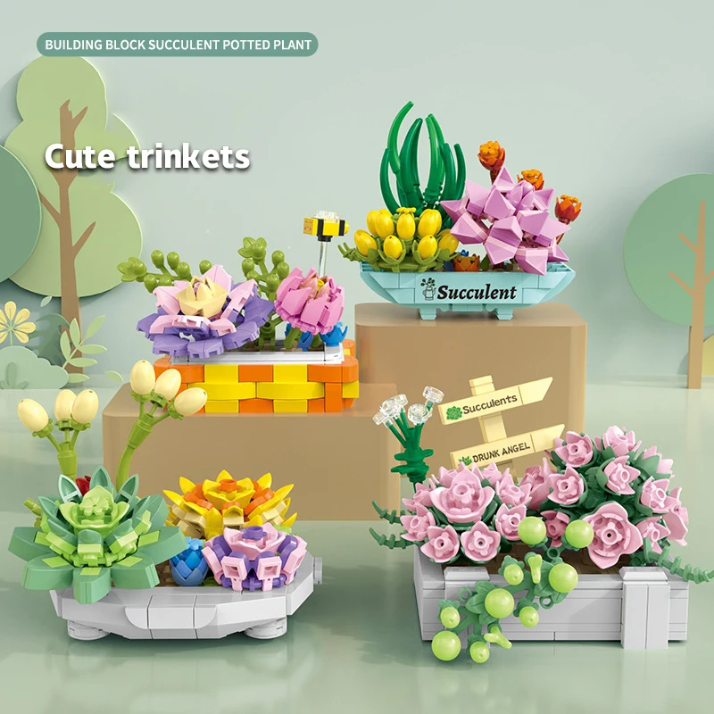 

Succulent Flowers Bonsai Blocks Plant Pot Bouquet Constructor Friends Construction Home Desktop Decoration Children's Toys Gifts