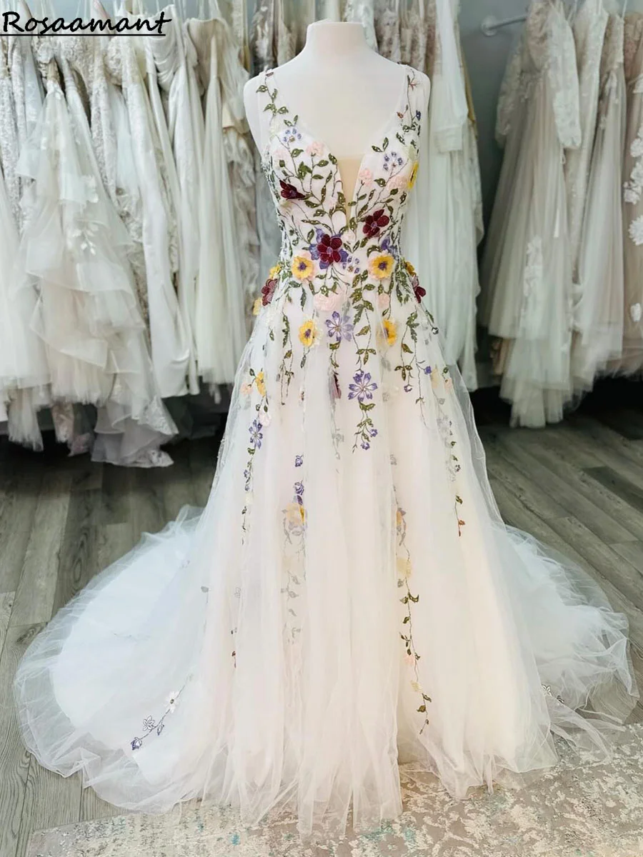 Beautiful Colorful Flower Wedding Dress Boho Fairy tale A Line 3D Florals Rustic Country Bridal Gowns Tulle Whimsical Bride 2024