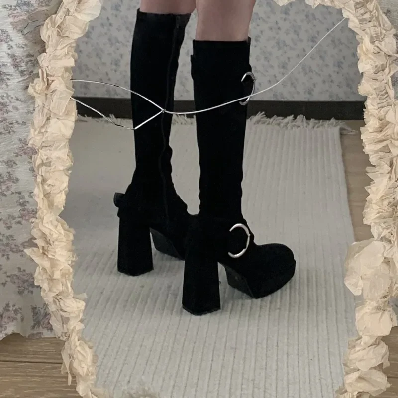 Autumn Winter Long-leg Boots  New Square Toe Cow Suede Side Zip Metal Buckle Platform Block Heel Shoes