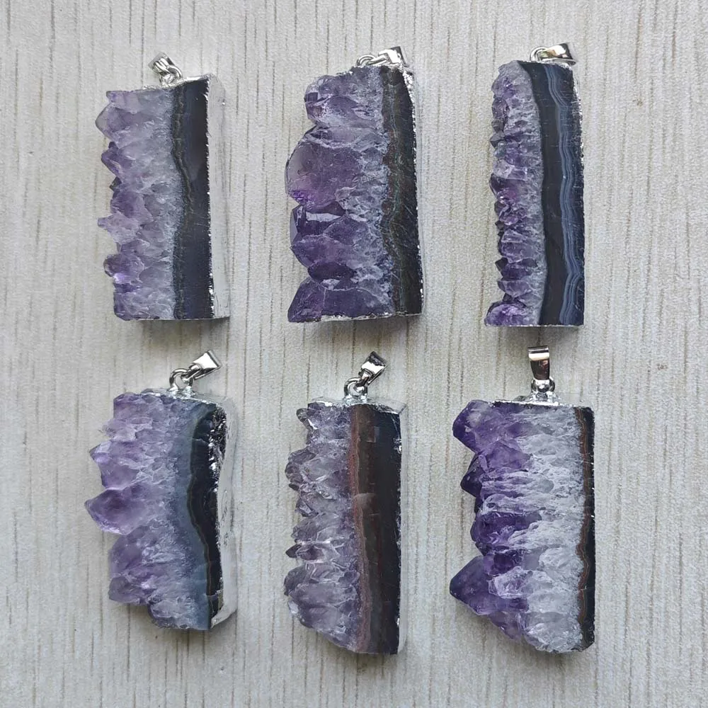 Beautiful Natural amethyst stone Slice Druzys Energy Healing  irregular Rectangle pendants for jewelry making Wholesale 6pcs/lot