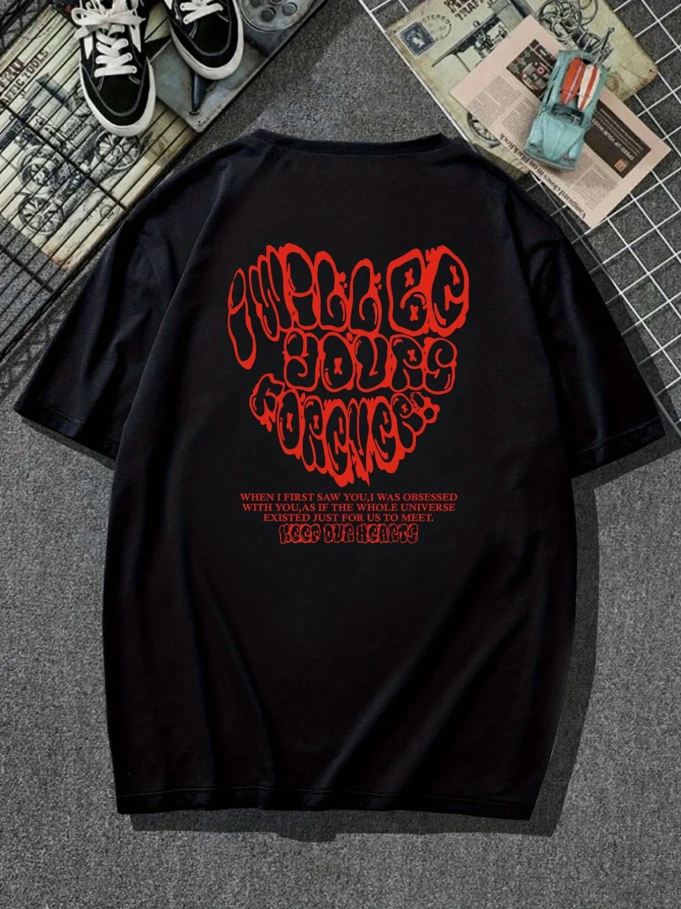 

'I Will Be Yours Forever' Pattern Print Men's Comfy T-shirt, Graphic Tee Men's Summer Outdoor Clothes, Men's Clothing,