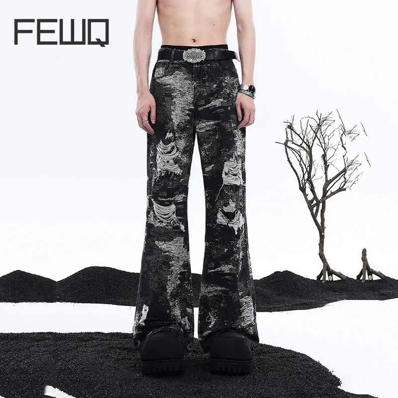 

FEWQ Niche American High Street Jeans Men's Washed Micro Flared Pants 2024 Vintage Broken Hole Fashion Male Trousers 24E1127