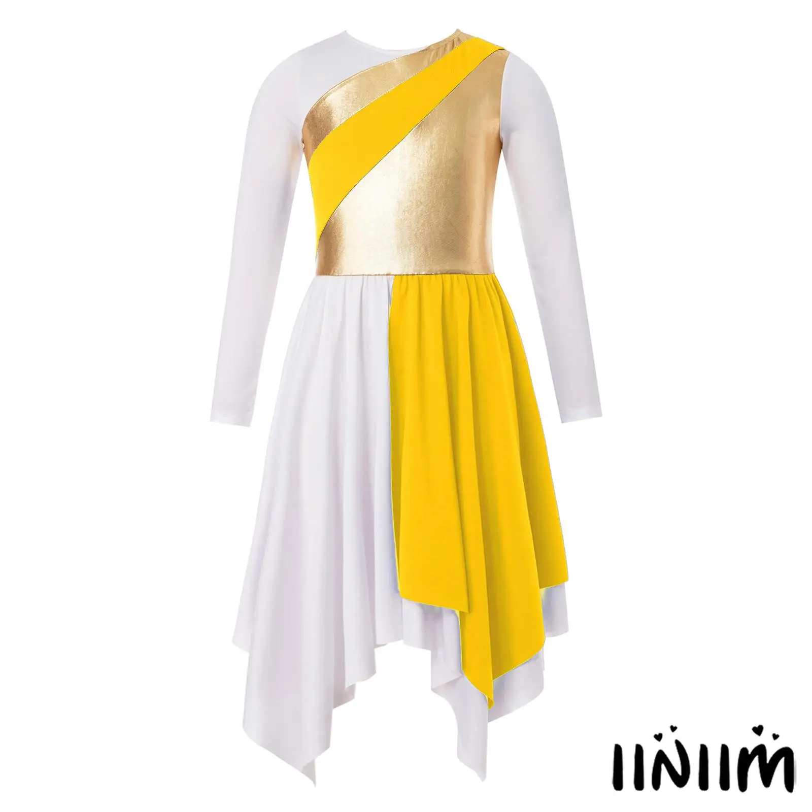 

Kids Girls Praise Lyrical Dance Dress Long Sleeve Metallic Contrast Asymmetrical Skirt Worship Dance Performance Dress Costumes