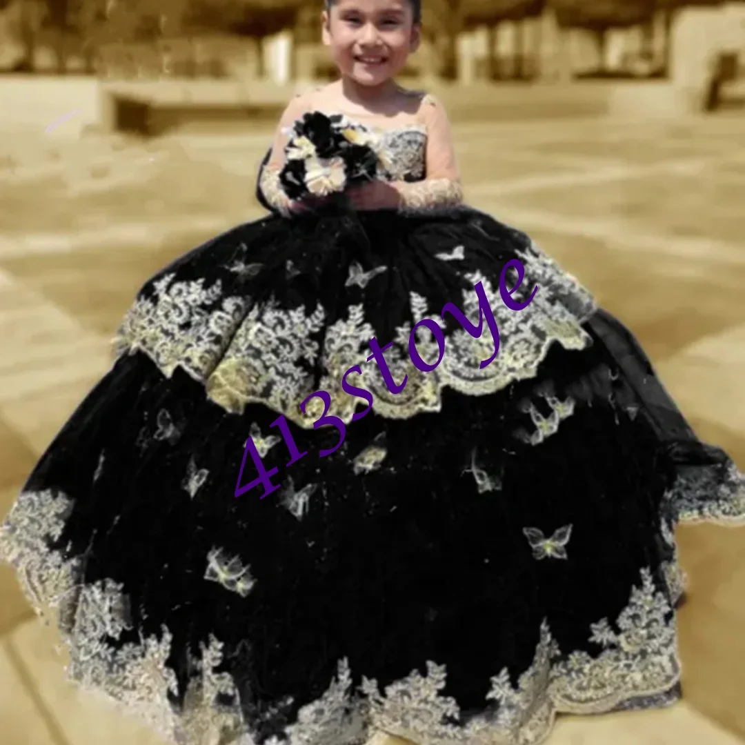 Aangepaste op maat gemaakte koninklijke zwarte bloemenmeisjesjurken voor bruiloft gouden applicaties met strik kinderverjaardagsfeestje eerste communie pag