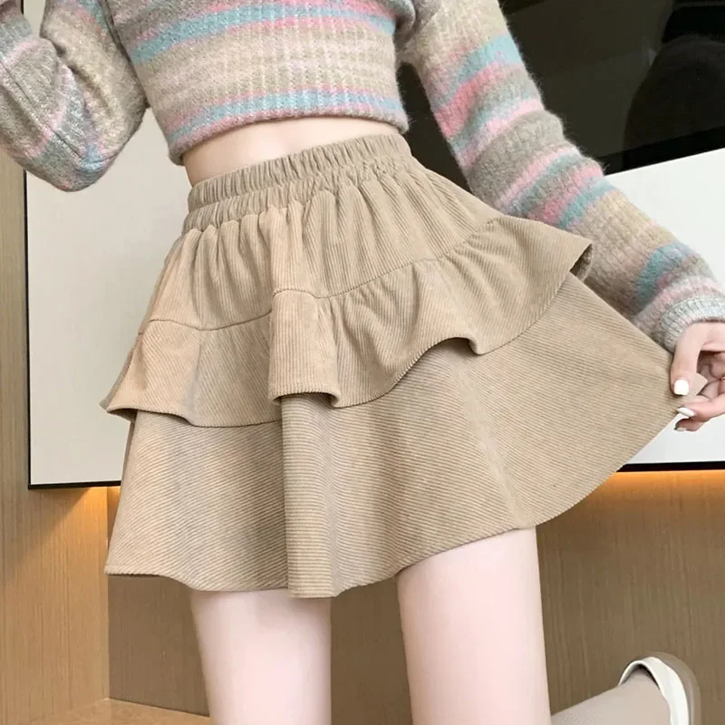 Fanan High Waist Puffy Ruffles A-line Skirt Ladies 2024 Autumn New All-match Corduroy Pleated Skirts Y2K Vintage Cake Mini Skirt