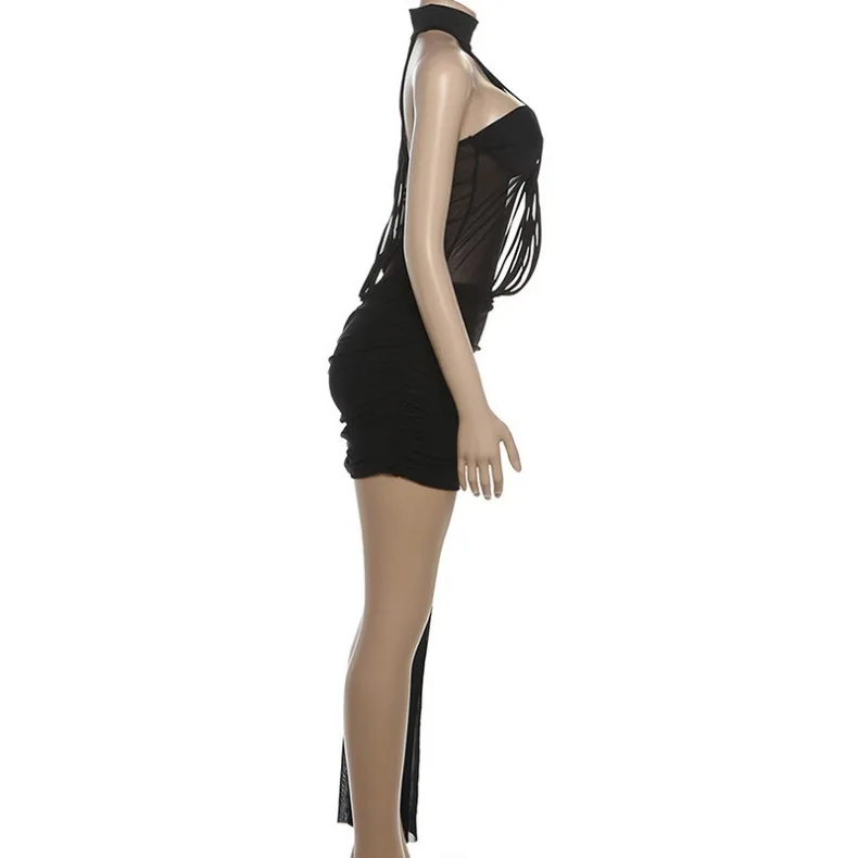 Transparentes Mesh-Splicing-Bodycon-Kleid mit Schlank-Effekt, Rückenfrei, Schulterfrei, Bustier-Kleid, Nachtclub-Kleider, Ärmellos, Gerafft, Vestidos – Detail 12