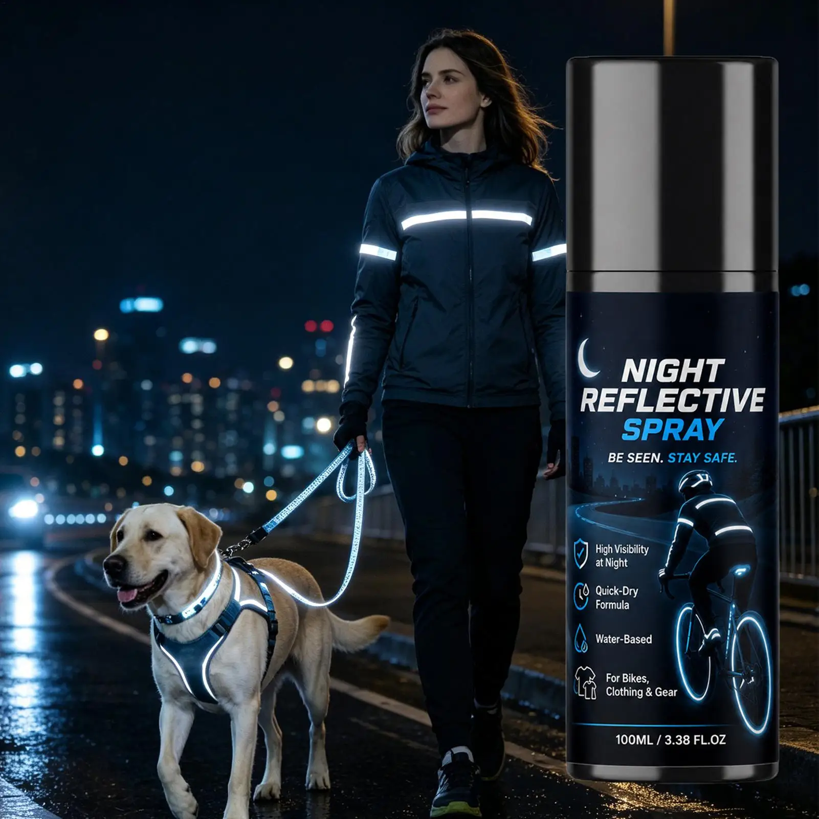 Night Reflective Spray 100ml High Visibility Formula For Bikes, Helmets, Bags & Clothing, Instant Reflective Effect, Quick Dry