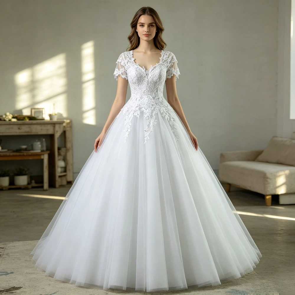 Customized Romantic Square Neck A-line Wedding Dresses 2026 Gorgeous Sleeveless Lace V-neck Fluffy Chiffon Bridal Gown Lace Back