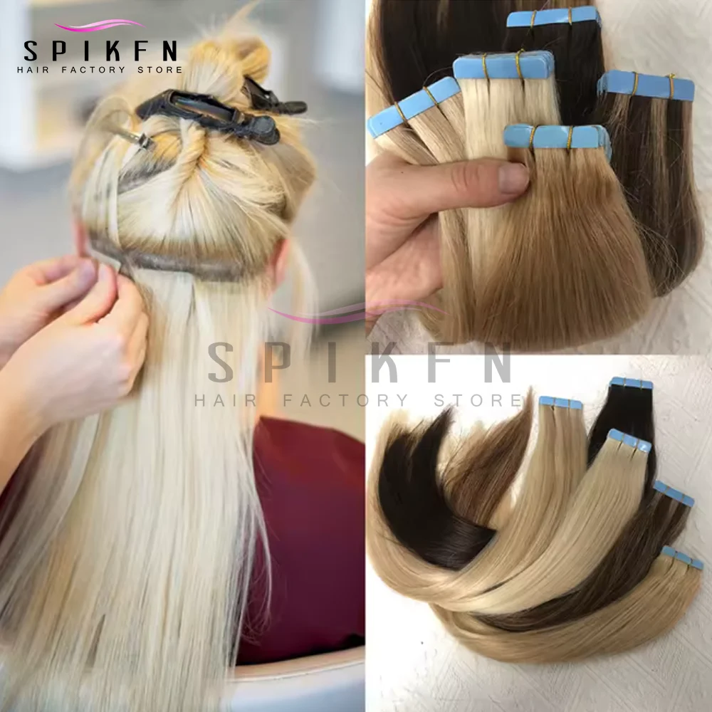 Spikfn fita de 12-24 polegadas em extensões de cabelo humano natural em linha reta 20 unidades/pacote 30g fita fácil de usar em casa preto marrom loiro