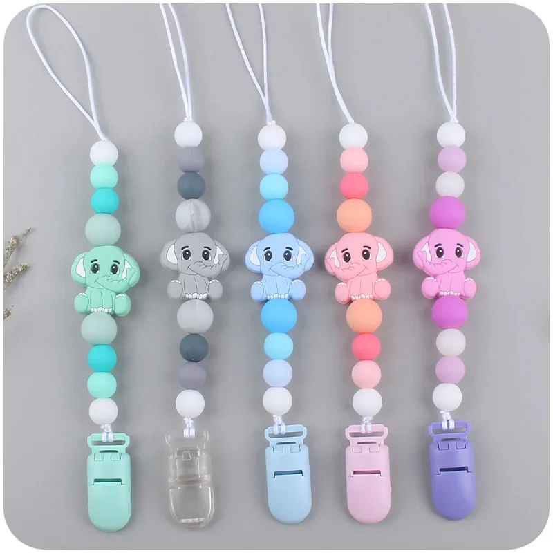 Kissteether Fashion BPA Free Baby Teething Chew DIY Animal Elephant Teether Silicone Beads Dummy Pacifier Chain Clip Holder Set