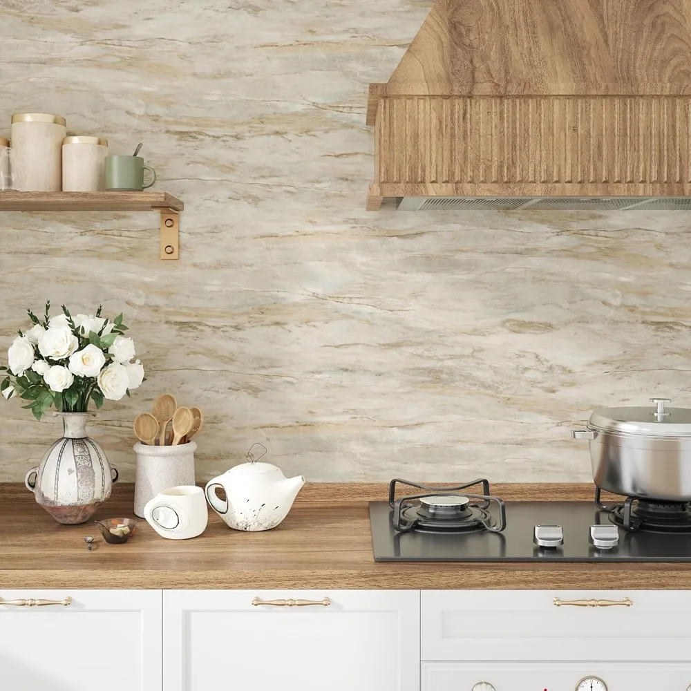 غطاء كونترتوب ذاتي اللصق مقاوم للماء بنمط رخامي بيج كبير مقاس 32 × 354 بوصة واقي سطح سميك