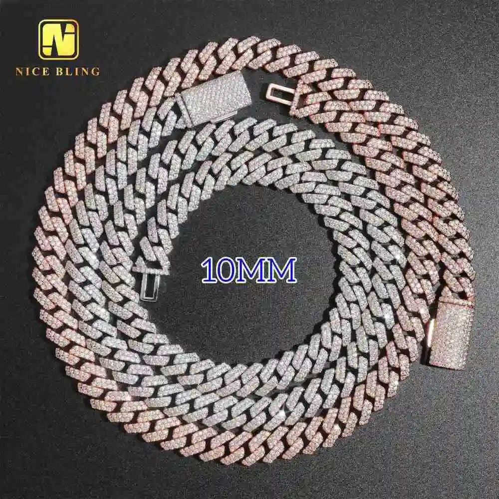 

Зубец-цепочка 10 мм, кубинская цепочка Iced Out, хип-хоп, позолоченный муассанит, бриллиант, кубинское ожерелье, браслет, серебро 925 пробы для мужчин