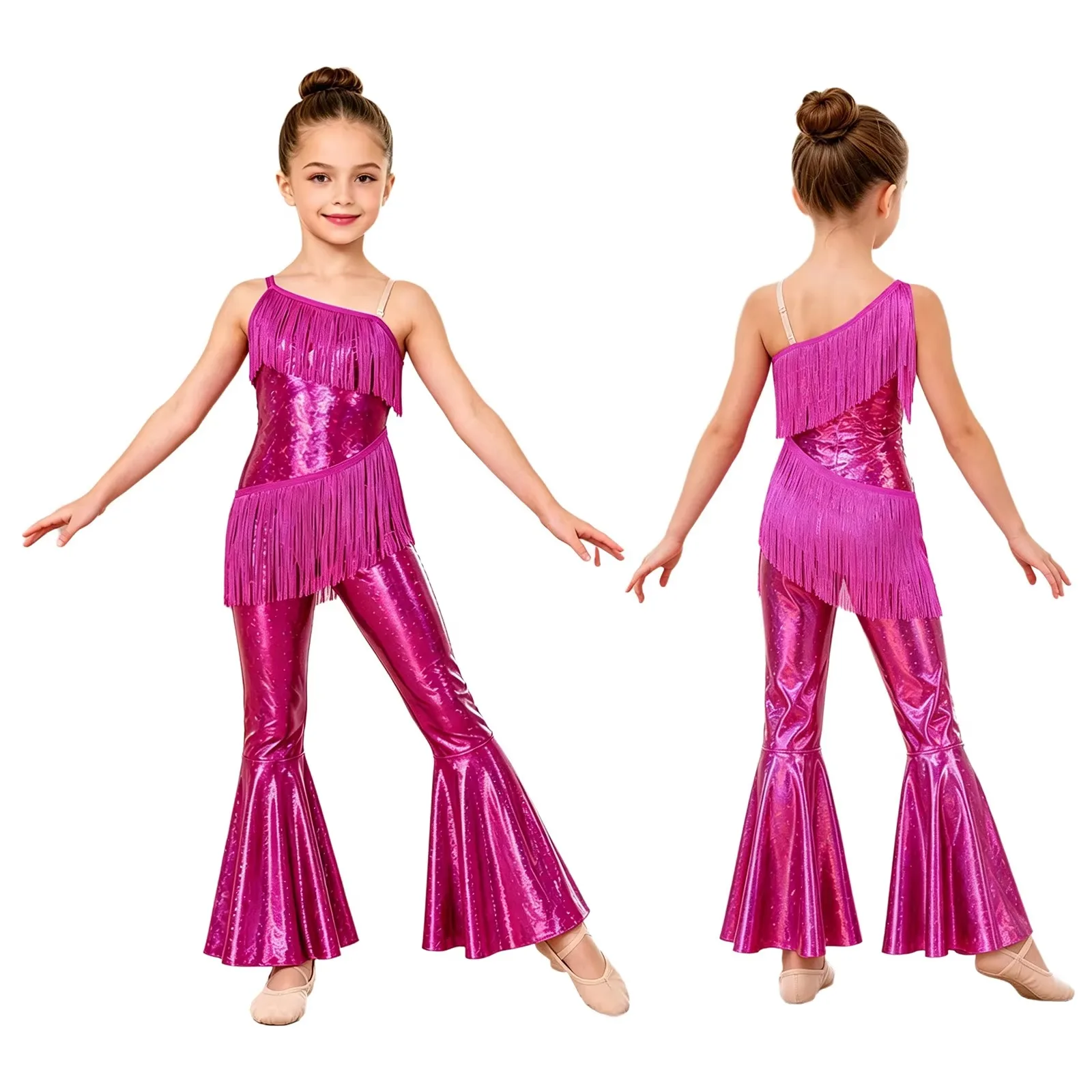 Big Girls 70s Disco Jazz Costume Shiny Flared Jumpsuit Kids Fashion Romper Children's Sequins Tassels Sparkly Jumpsuits Outfits