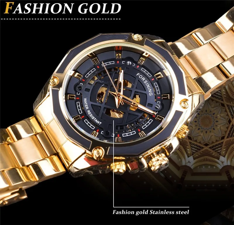 Fashion Forsining Top Brand Men\'s Hollow Out Skeleton Full Golden Luxury Stainless Steel Fully Automatic Mechanical Wrist Watch