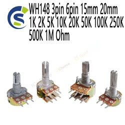 5pcs Linear Taper Rotary Potentiometer Resistor B50K B10K WH148 3pin 6pin 15mm 20mm 1K 2K 5K 10K 20K 50K 100K 250K 500K 1M Ohm