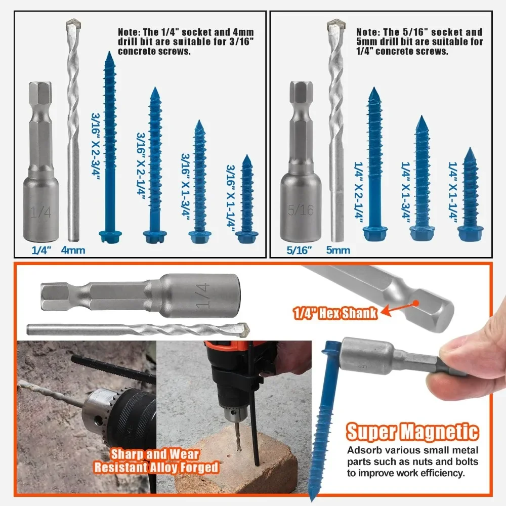 200pcs Hexagonal Washer Slotted Blue Cement Diamond Tail Screws +Sockets +Drill Bits 3/16'' 1/4'' Concrete Screws with Drill Bit