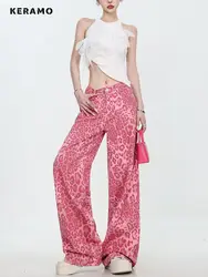 American Sweet Y2K Baggy 2000s Denim Trouser Women's Washed Pink Leopard Print Casual Pants High Street High Waist Trashy Jeans