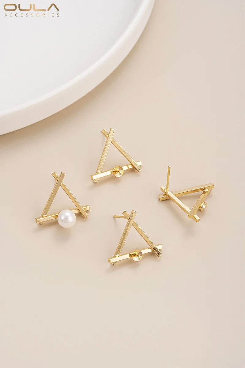 14K Gold-Plated Geometric Triangular Frame Half-Hole Bead Stud Earrings with 925 Silver Needle Handmade DIY Sticky Pearl Jewelry