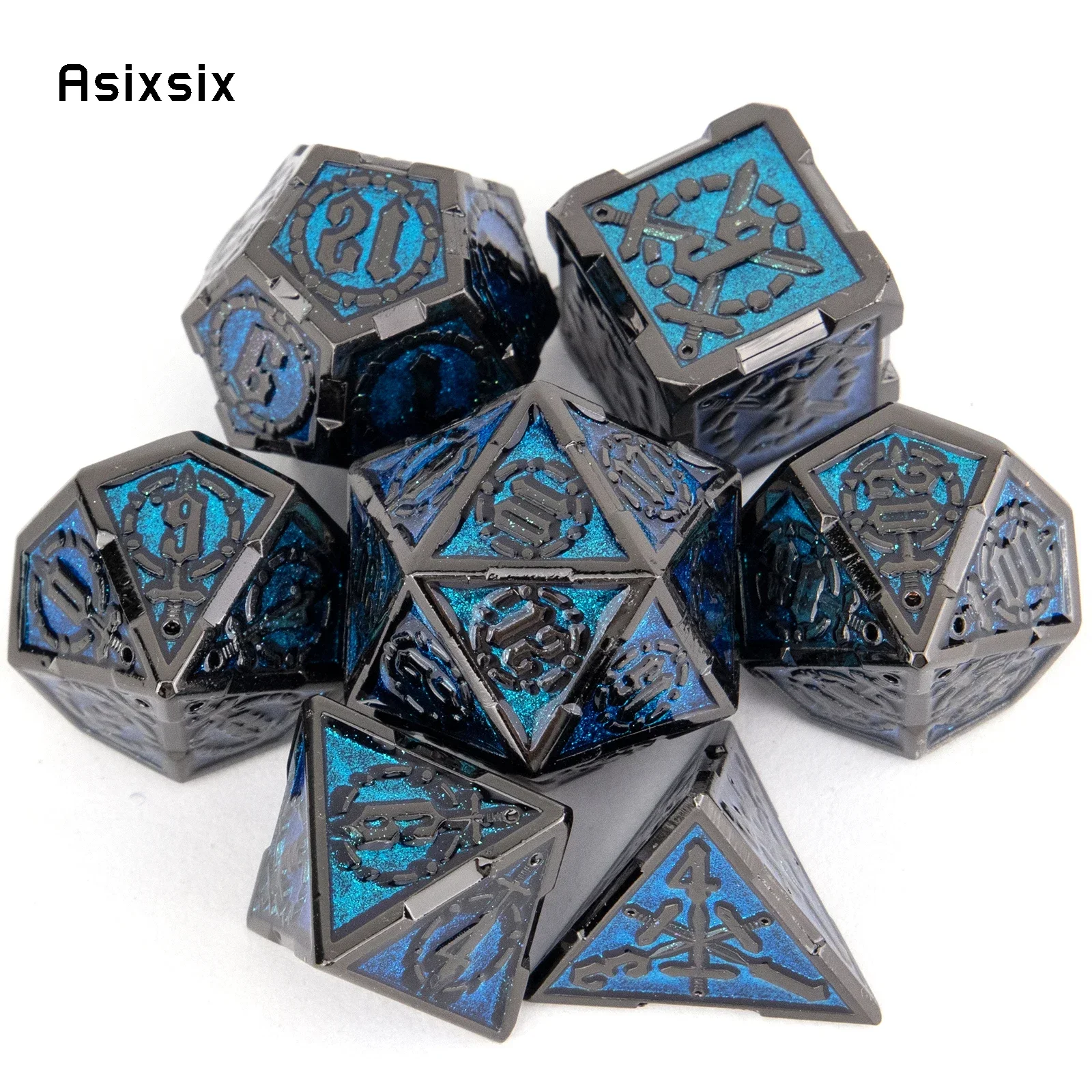 

7 Pcs Blue Silver Double Swords Metal Dice Solid Polyhedral Dice Set Suitable for Role-Playing RPG Board Game