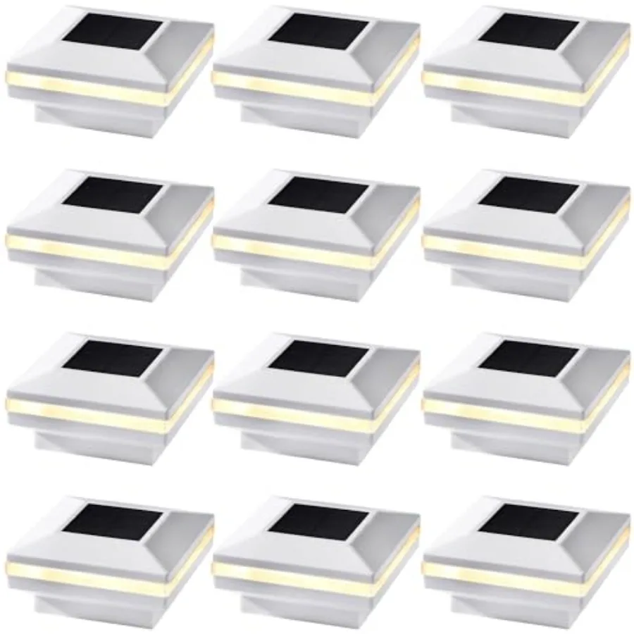 

12 Pack Solar Post Lights Outdoor Solar Powered Decorative Post Cap Light White Shell and Warm White LED Lighting for Fence Dec