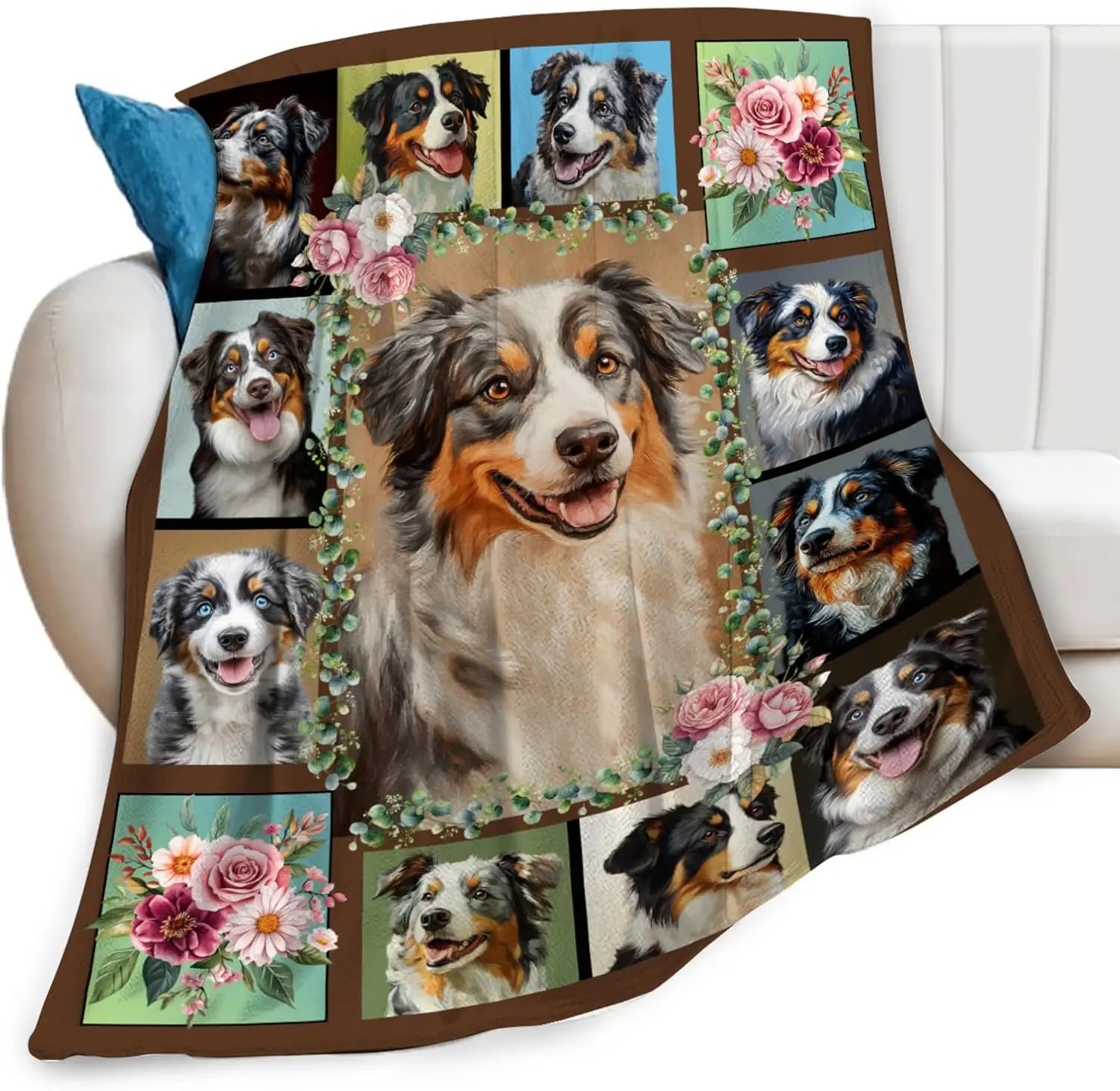Large Dog Portrait Blanket Throw 150x200cm Pet Lover Gift Floral Collage Dog Family Keepsake Cozy Fleece