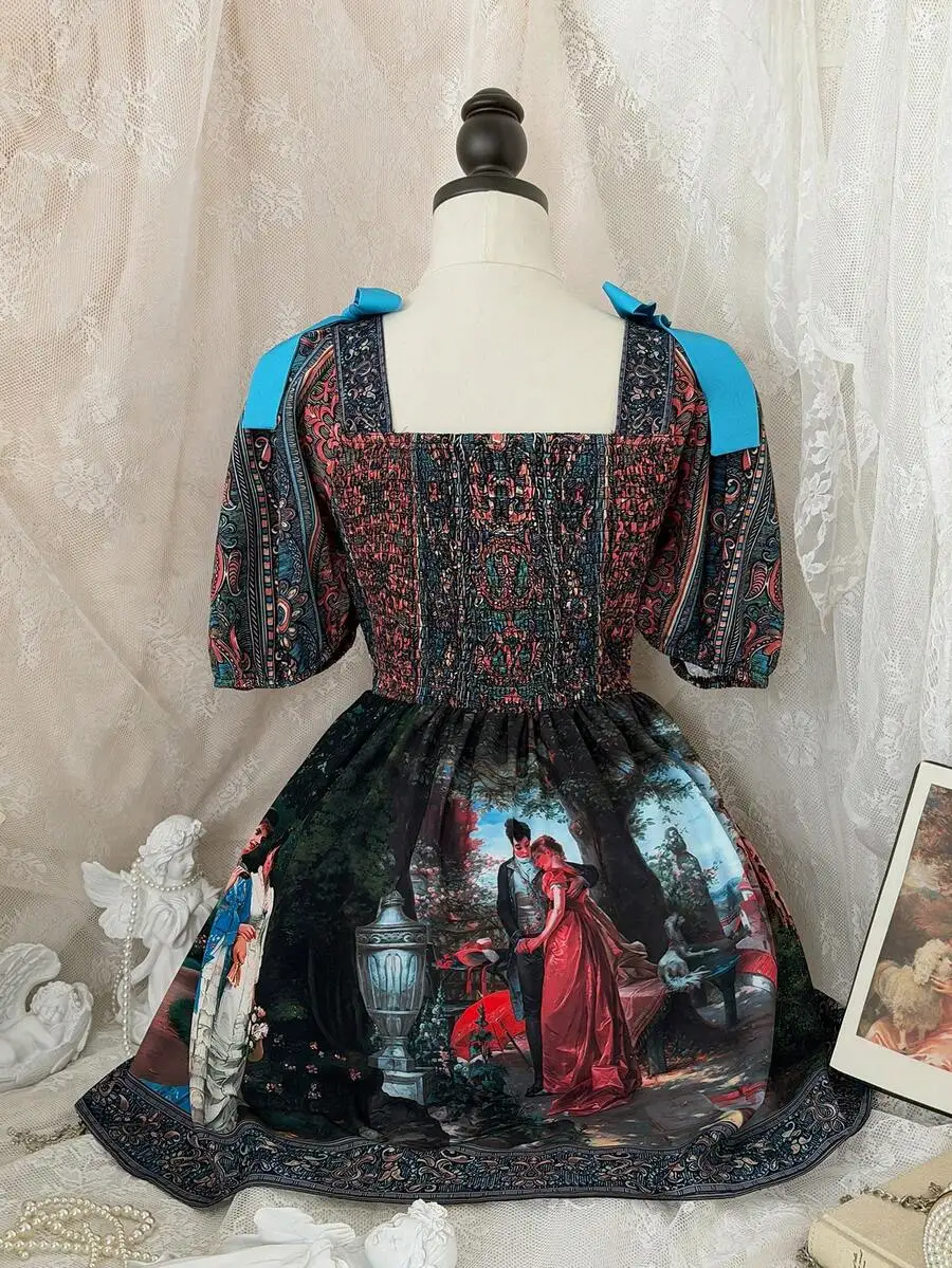 

Lolita-Style Smocked Waist Dress With Baroque Painting Print, Puffed Sleeves, And Turquoise Bow Shoulder Accents