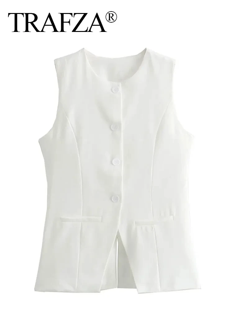 TRAFZA Women Elegant White Blazer Vest O Neck Single Breasted Sleeveless Waistcoat Tops Slim Commuting Female Casual Vests