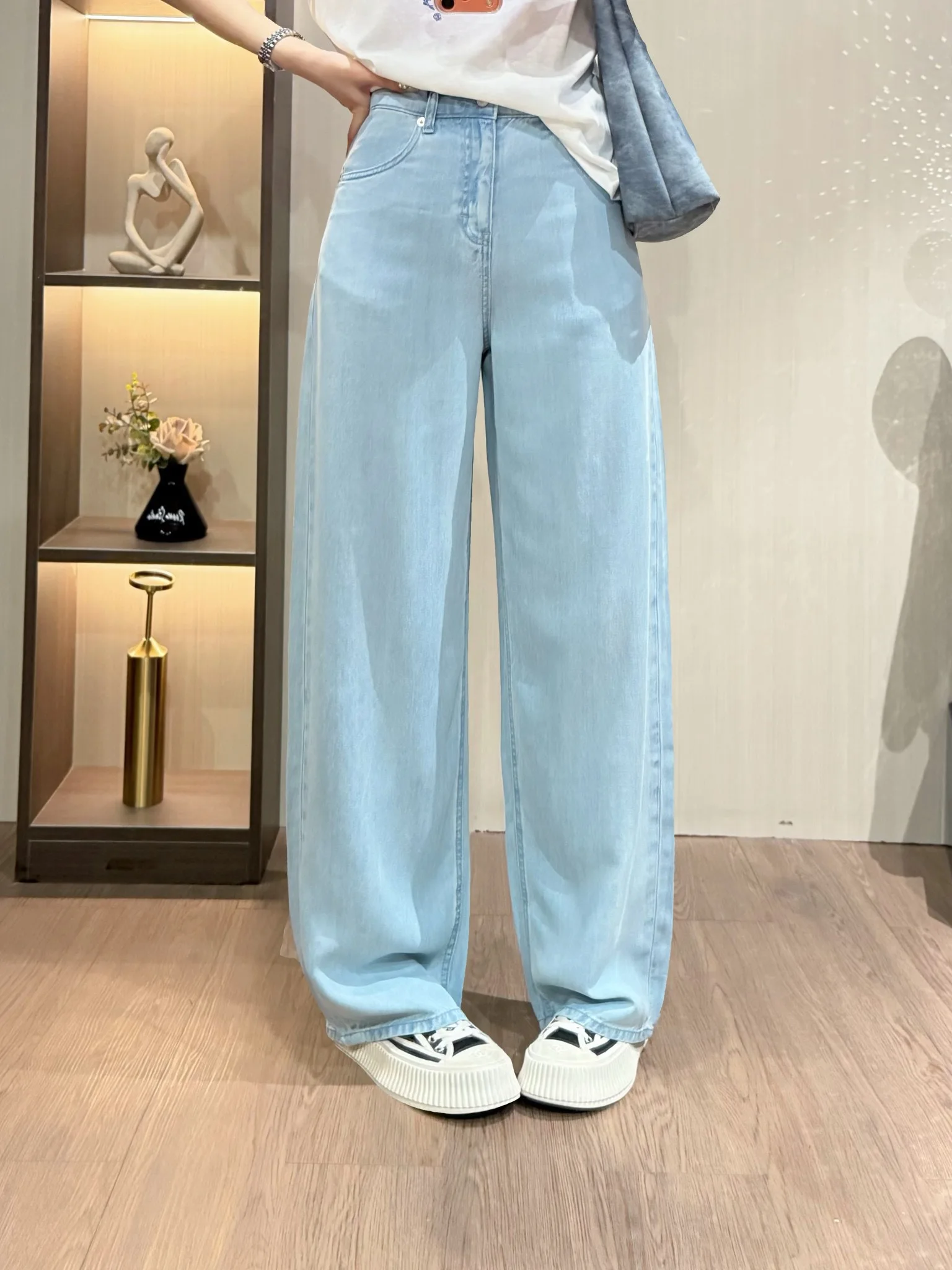 

Ультратонкие широкие джинсы Cool Sensation: Новинка Весна-Лето, универсальные, стройнящие, женские длинные брюки с высокой талией на молнии