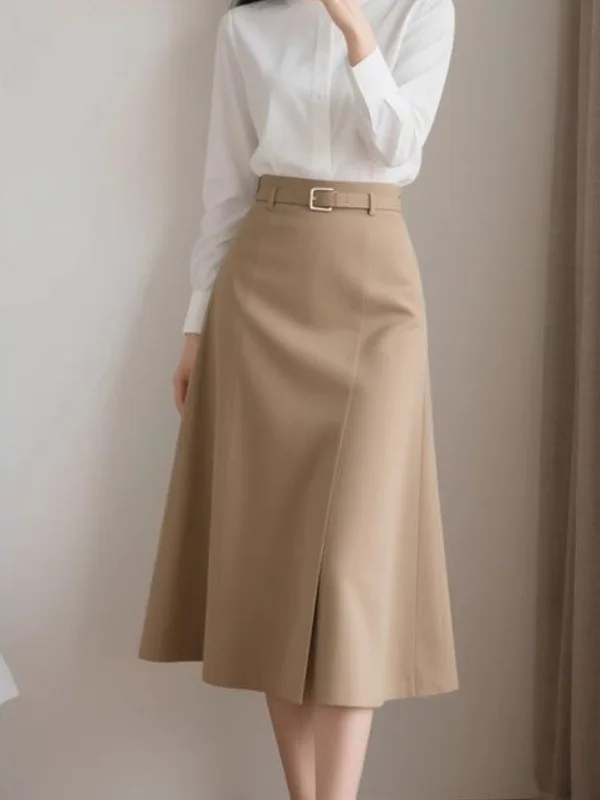 

Women's Khaki Suit High Waist A-line Midi Skirt Belted Front Slit Flared Skirt Elegant Chic Formal Office Lady Summer Workwear