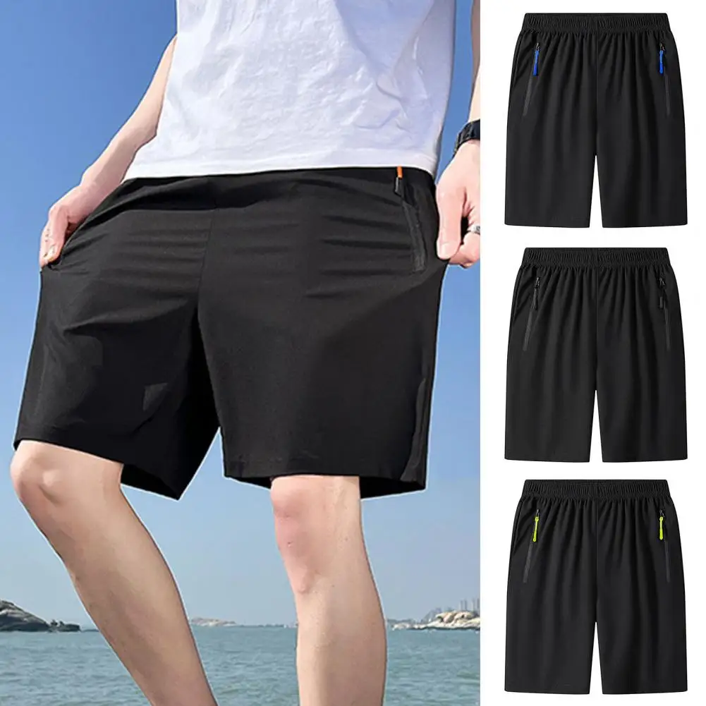 Shorts de corrida retrô fino masculino com bolsos de zíper, elástico na cintura, acima do joelho, roupa diária casual