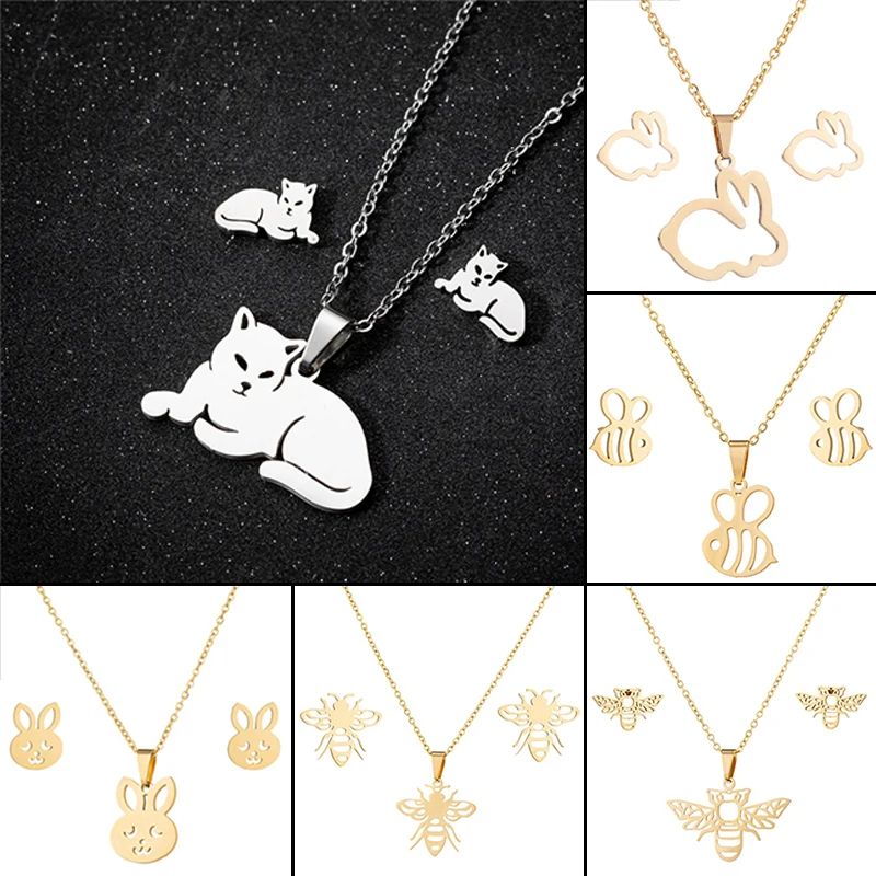 Stainless Steel Cute Cat Charm Necklace Cartoon Rabbit Bee Jewelry Set Girls Lovely Animal Earring Gifts Accessories Wholesale