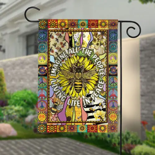 Hippie Bee Sunflower Flag, Imagine All The People Living Life In Peace Flag, ZZU WWL IIC
