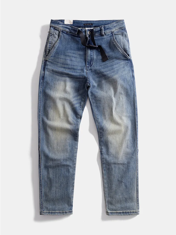 

Retro Waed Heavyweight Jeans Men's Casual Straight Leg Workwear Light Blue Cotton Polyester Blend Comfortable Fit Long Trou...
