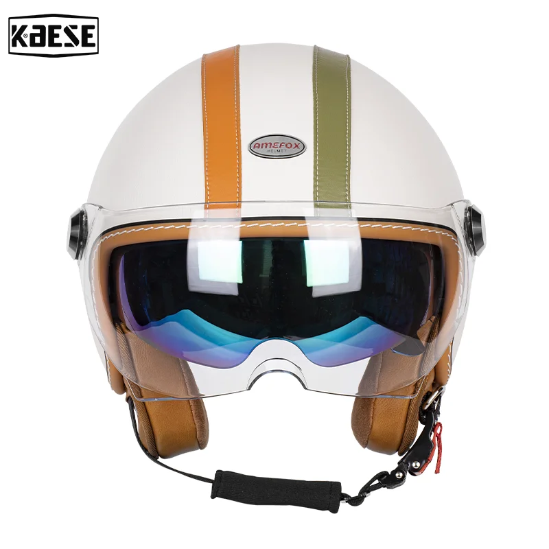 

Мотоциклетный шлем с открытым лицом 3/4 и двойными полосками, внутренним солнцезащитным козырьком и широким полем зрения, идеально подходящий для городских поездок и туристических поездок