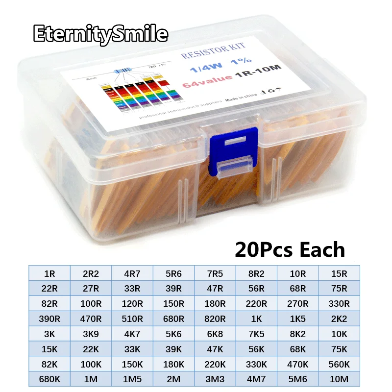 1280Pcs/Lot 64 Values 20Pcs Each 1/4W Metal Film Resistors Kit 1R-10M Ohm 1% High Precision Resistance Set Assortment