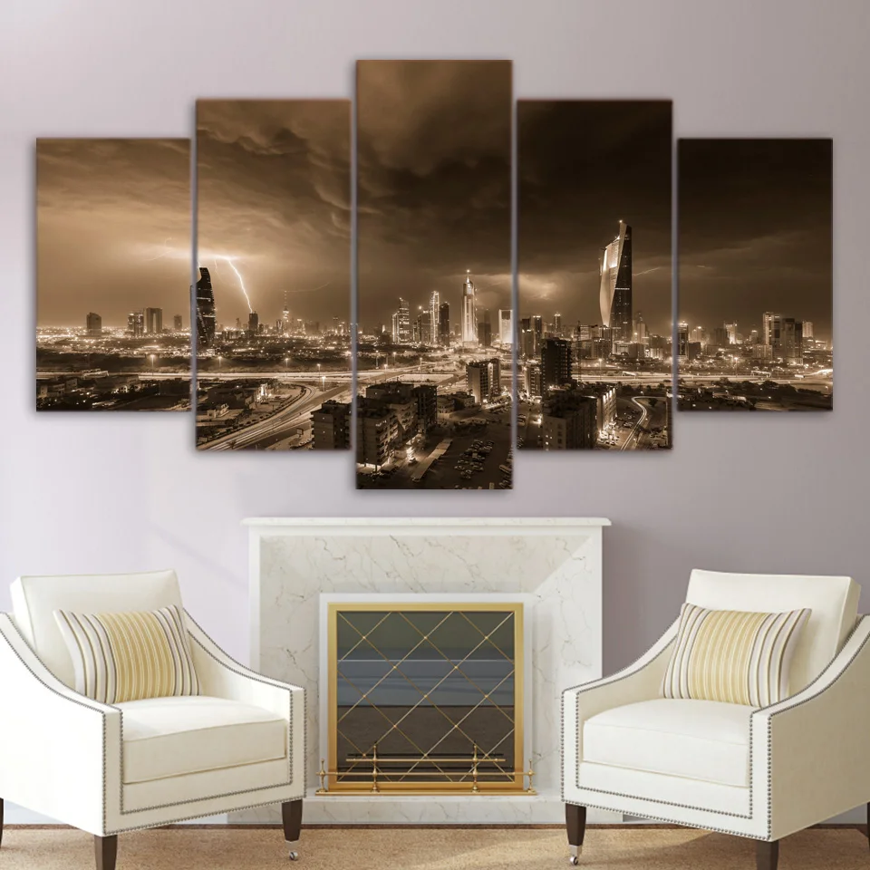 No Framed Canvas 5Pieces Cityscape City Night Lightning Wall Art Posters Pictures for Living Room Office Home Decor Paintings