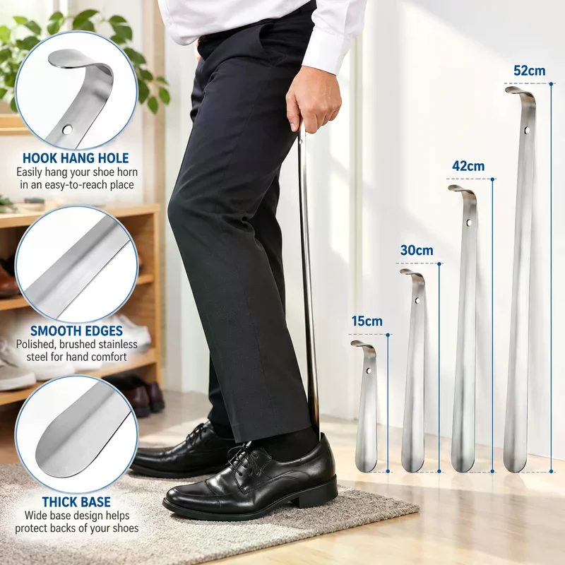Extra Long Stainless Steel Shoehorn 15-52cm, Shoe Lifter Pull Helper, Silver Shoe Remover Tool For Men Women