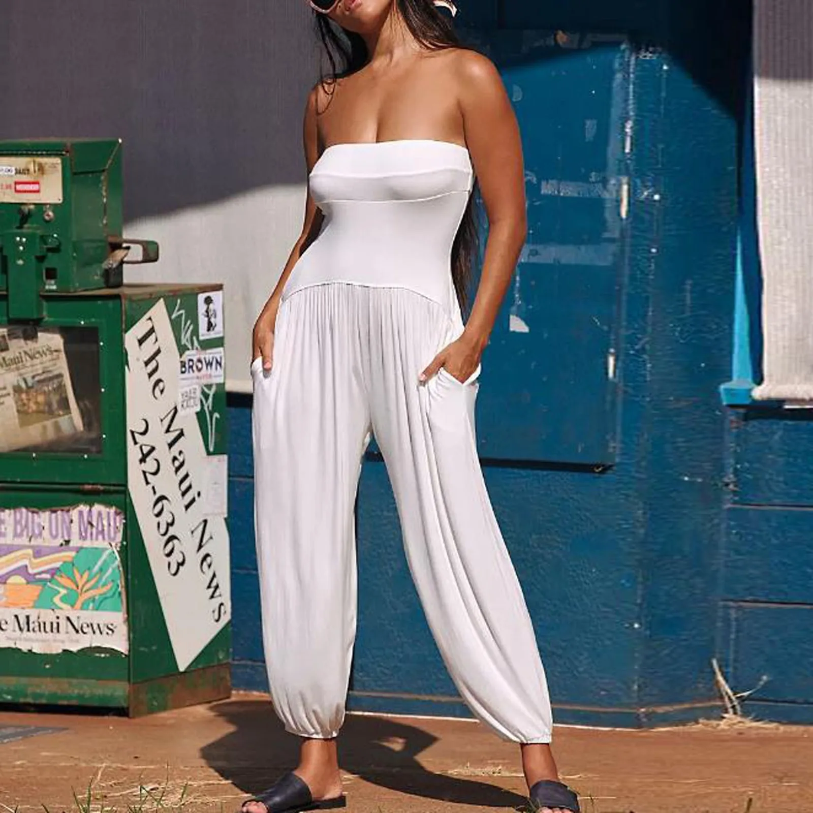 

Sexy solid Strapless Jumpsuit Women Sleeveless Sporty Workout Overalls 2024 Trend Activity Streetwear With Pockets Outfits