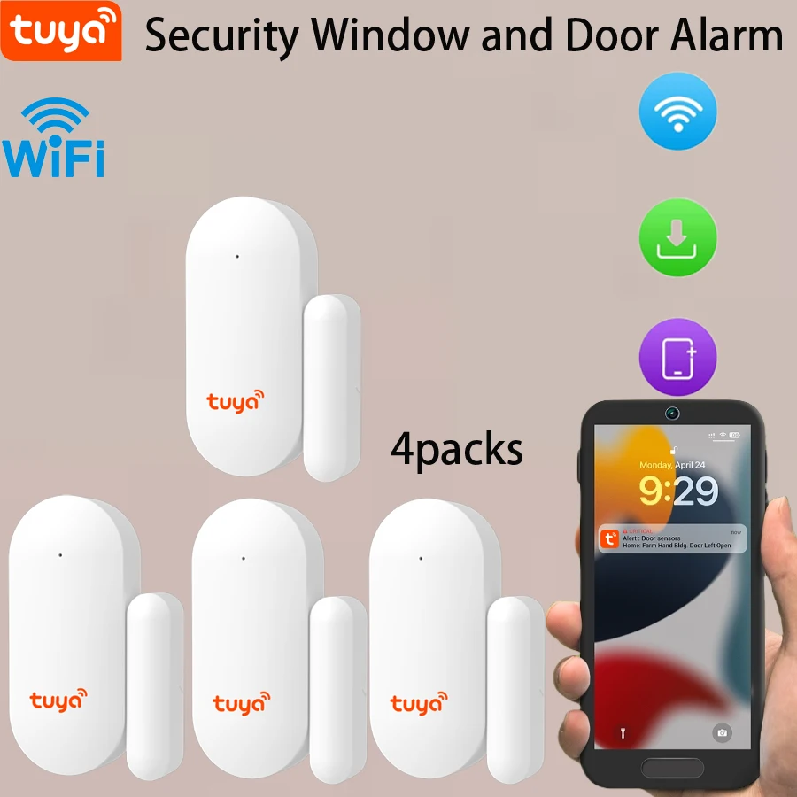 

4packs Tuya WiFi Smart Door Sensor Door Open Closed Detectors Smart Home Security Protection Alarm System Smart Life APP Control