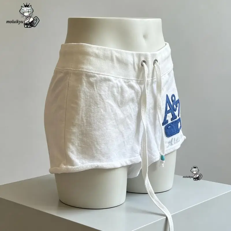 Y2K Vintage Low Waist Terry Cloth Shorts Women's White Drawstring Mini Hot Pants Casual Retro Summer Beachwear with Beaded Ties