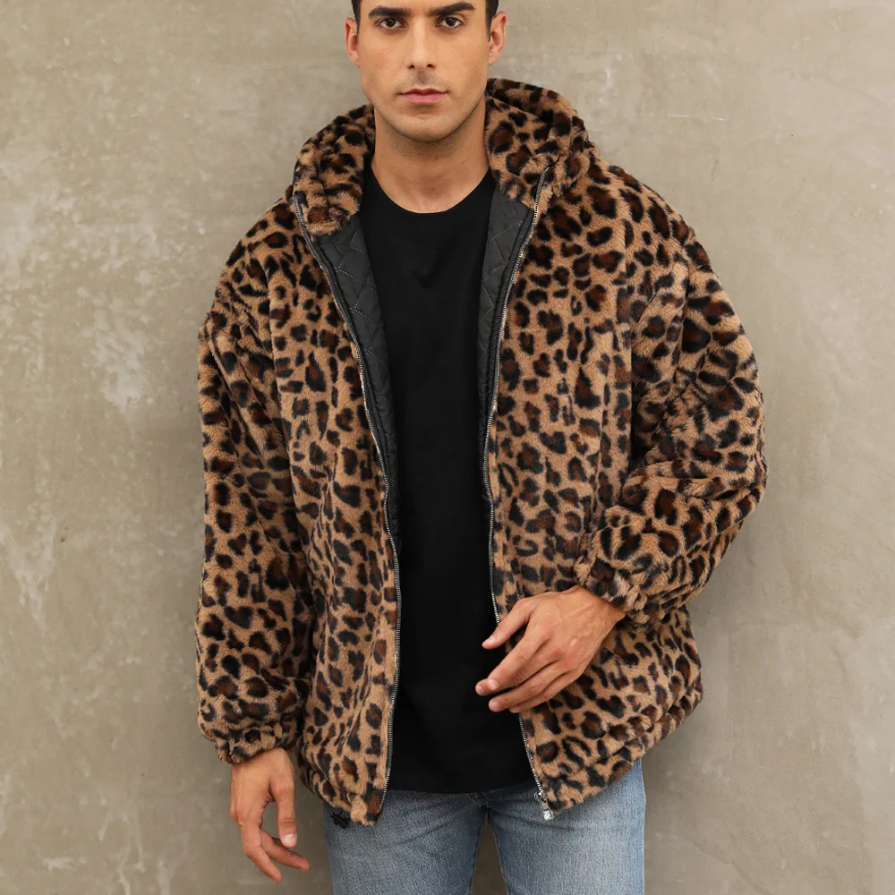Mens Faux Fur Leopard Print Jacket Hooded Thick Warm Winter Coat Plush Long Loose Fit Streetwear