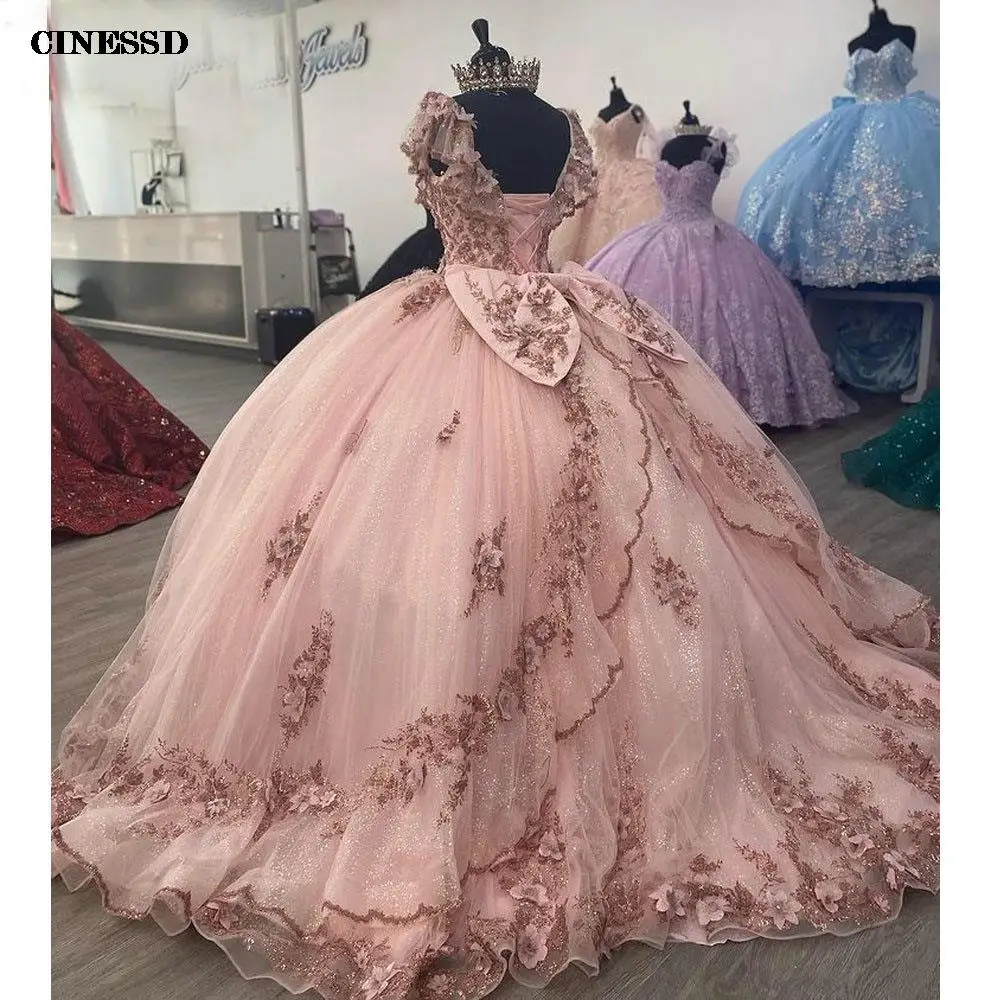 Roze Van De Schouder Lovertjes Appliques Quinceanera Jurk Baljurk 3d Bloemen Ruches Corset Sweet 15 Vestidos De Xv Años